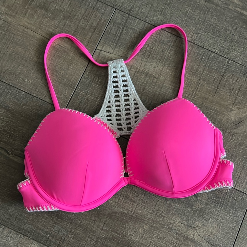 Victoria’s Secret Neon Pink Crochet Racerback Cut-Out Push-Up Bikini Top